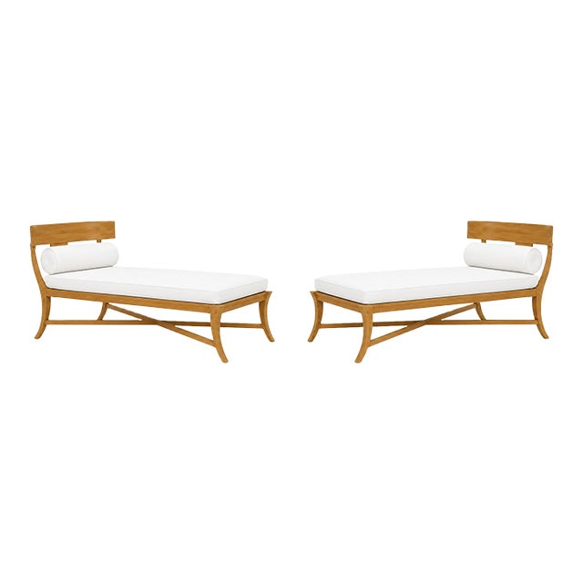 Modern Klismos Teak Patio Chaise Lounges- Pair For Sale