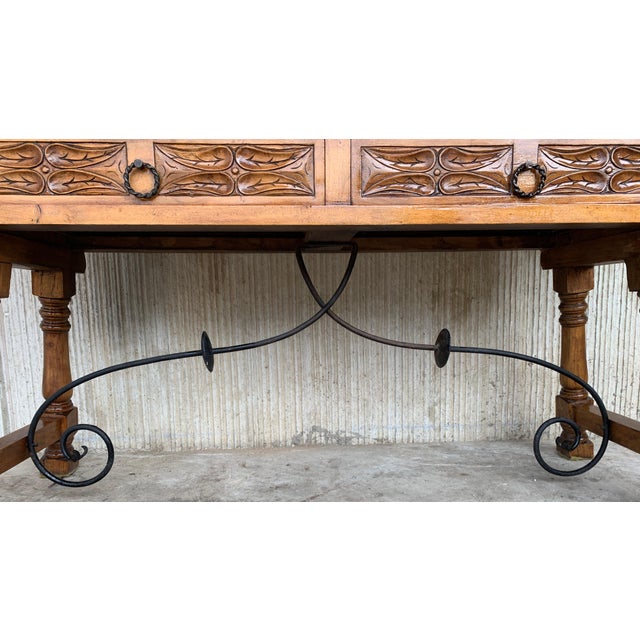 Early 20th Spanish Console Fold Out Table With Iron Stretcher and Two Drawers For Sale - Image 11 of 13