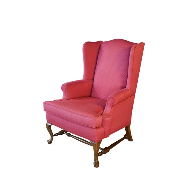 Art Deco Vintage Queen Anne Style Mahogany Wingback Club Library Accent Arm Chair Red For Sale - Image 3 of 18