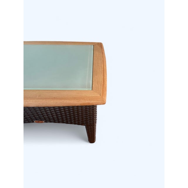 1970s Gloster Teak and Wicker Outdoor/Indoor Side Tables, Frosted Glass Surface - Set of 2 For Sale In Washington DC - Image 6 of 6