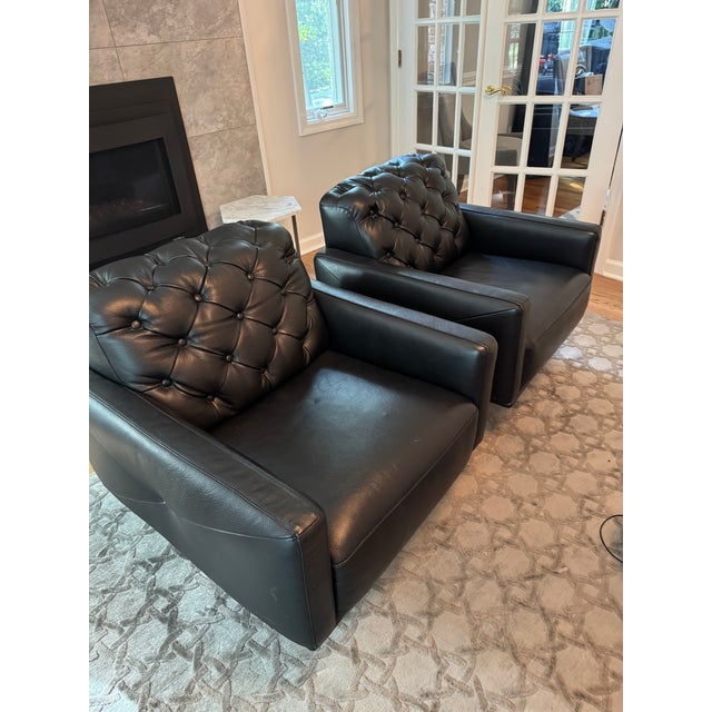 Mid-Century Modern J&m Furniture Black Leather Swivel Chairs For Sale - Image 3 of 3