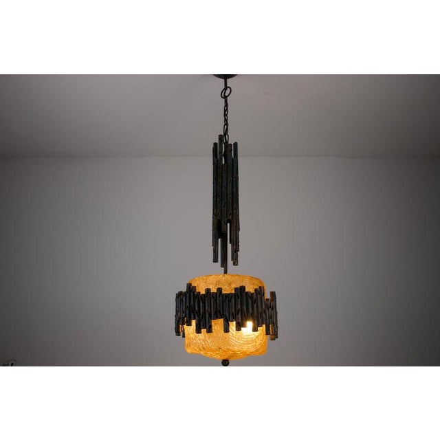 Brutalist Metal and Textured Amber Glass Pendant Lamp, Germany, 1970s For Sale - Image 4 of 12