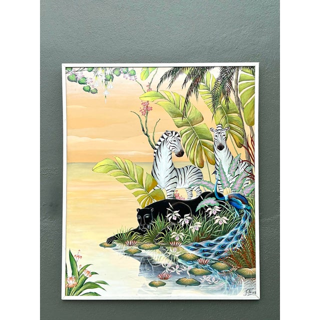 Wood Vintage Monumental 1999 Original Jungle Painting on Canvas For Sale - Image 7 of 12