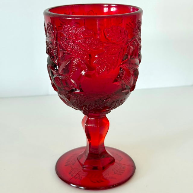 Glass 1970s Madonna Inn Ruby Red Glasses, Leaf Pattern Goblet, Fenton / Wright Set of 2 For Sale - Image 7 of 13