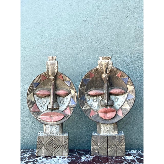 Wood Vintage Boho Tribal Masks - Set of 2 For Sale - Image 7 of 12