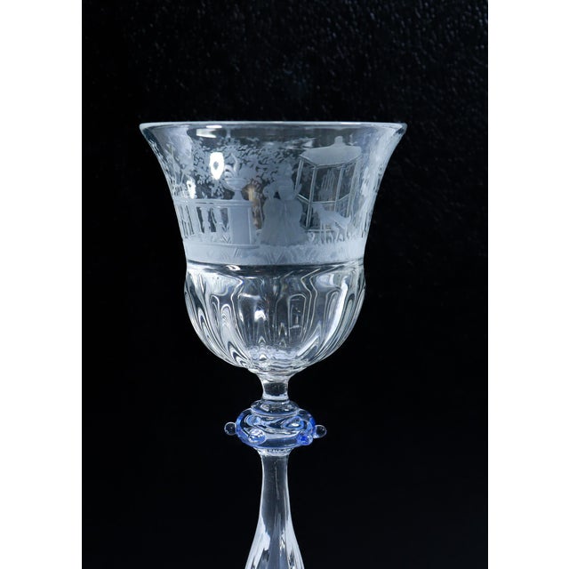 Pair of Salviati Engraved Venetian / Murano Glass Wine Goblets or Stems For Sale - Image 10 of 13