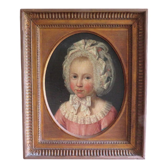 18th C. French Portrait Oil Painting of a Young Girl Child Antique For Sale