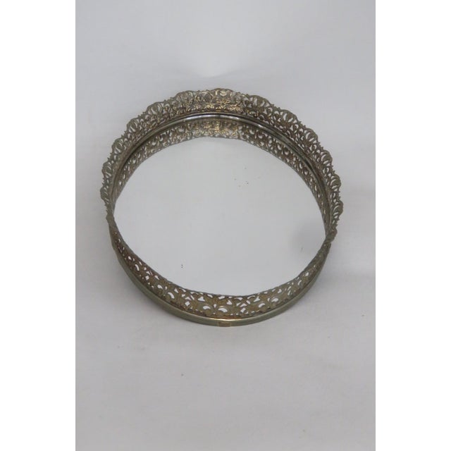 Mid-Century Modern Oval Vanity Mirror Tray Filigree Gilded Raised Metal Frame Dresser Display 4524b For Sale - Image 3 of 14
