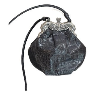 90s Black Leather/Silver Metal Frame Mini Cross Body Snap Top Purse For Sale
