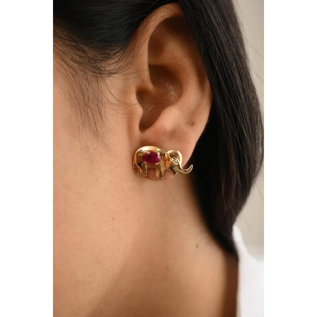 This is part of Chairish’s Fine Jewelry assortment. Real Ruby Elephant Pushback Stud Earrings with Diamond in 18K Gold to...