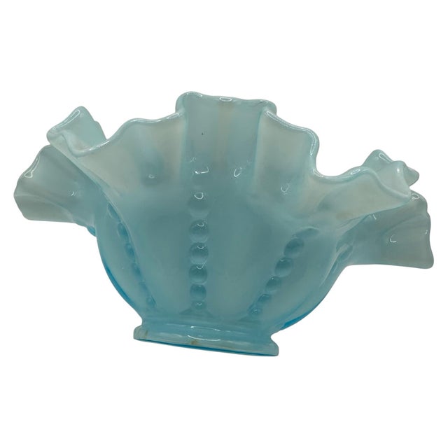 Glass Vintage Blue Opalescent Glass Ruffled Bowl by Fenton For Sale - Image 7 of 12