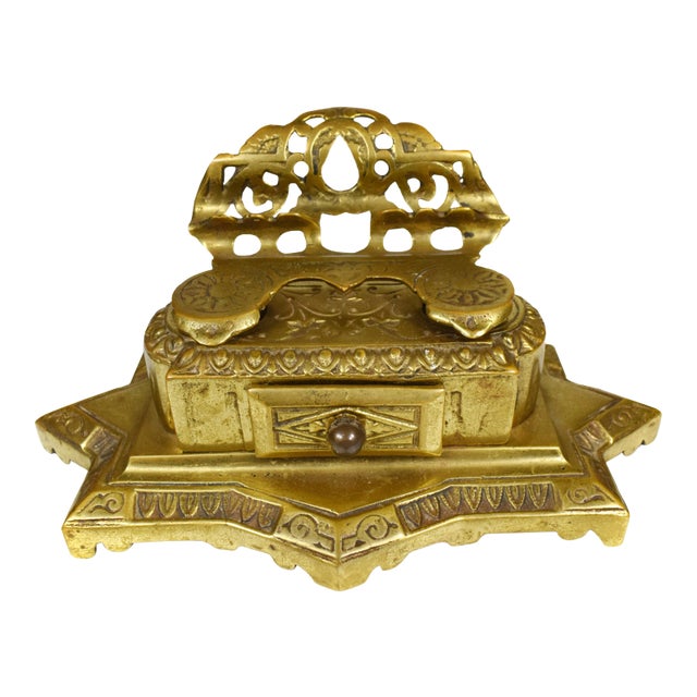 Mid 20th Century Solid Brass Desk Double Inkwell and Pen Holder For Sale