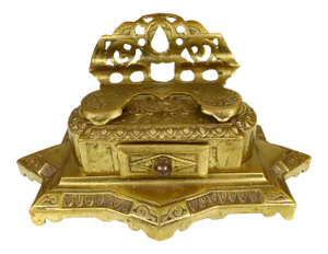 Mid 20th Century Solid Brass Desk Double Inkwell and Pen Holder