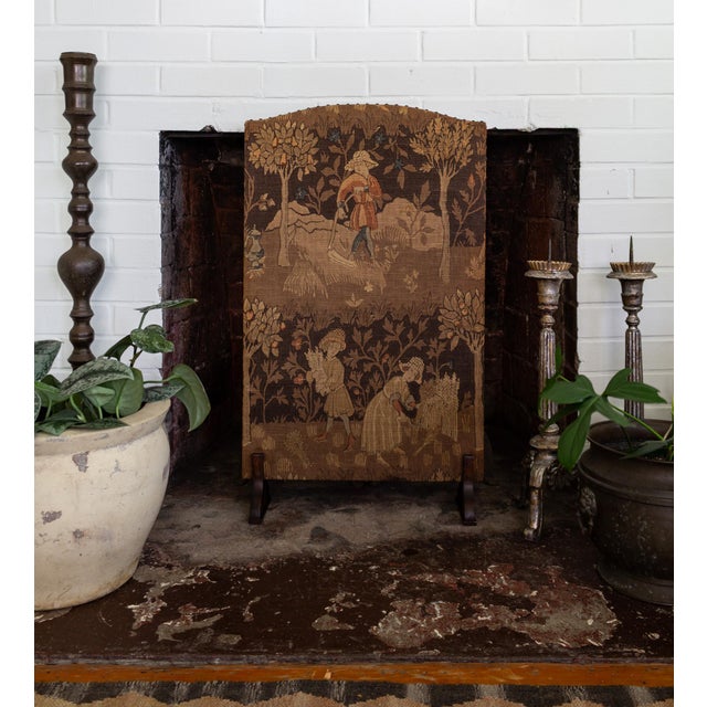 Gothic Upholstered English Arts and Crafts Firescreen With Medieval Harvest Scene For Sale - Image 3 of 14