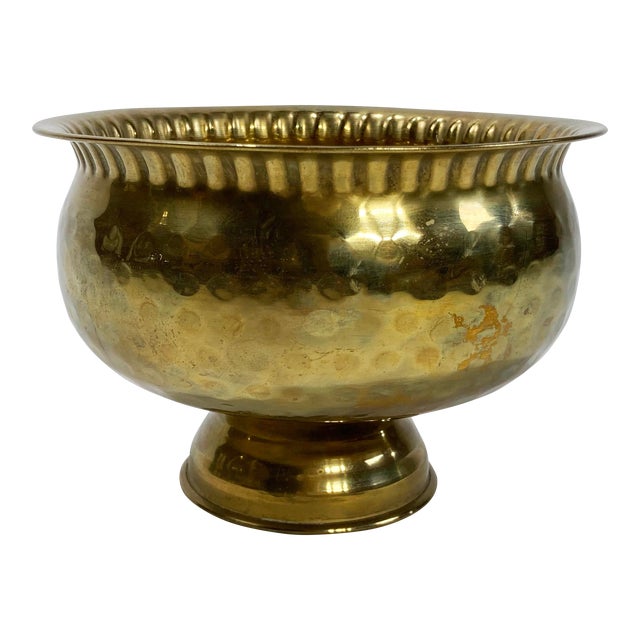 Vintage Hammered Brass Pedestal Base Bowl For Sale
