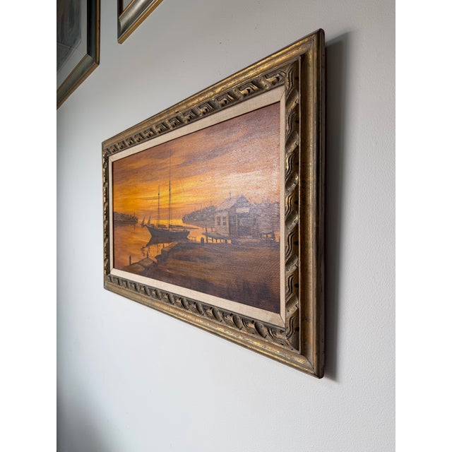 1970’s Charles Stepule Sunset Harbor Scene Oil on Canvas Painting, Wood Framed For Sale - Image 4 of 12