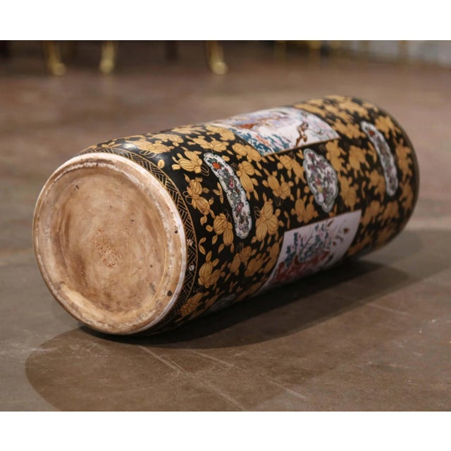 Black Mid-Century Chinese Painted & Gilt Famille Rose Porcelain Umbrella Stand For Sale - Image 8 of 9