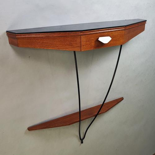 Black Wall-Mounted Console Table with Drawer in Mahogany and Black Glass, 1960s For Sale - Image 8 of 8