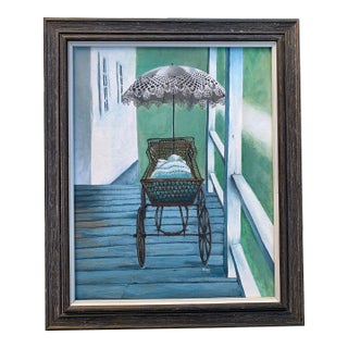 Vintage Painting of Wicker Carriage With Parasol, Framed For Sale