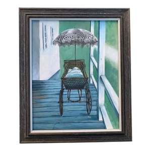 Vintage Painting of Wicker Carriage With Parasol, Framed