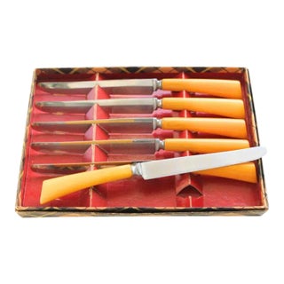 Vintage Bakelite Knife Set of 6 Serrated Burns Mfg Co Syracuse Ny Stainless Steel Original Box For Sale