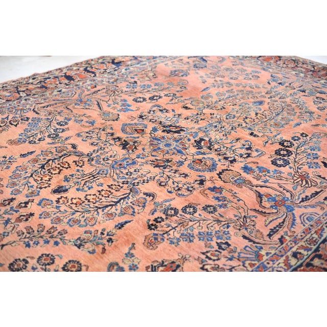 Pink Antique Botanical Sarouk GEM Salmon, Coral, Pink & Peacock Blue Rug 10.3 x 13.4 For Sale - Image 8 of 14