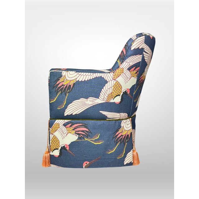 Cornflower Blue Upholstered Arm Chairs With Blue Heron Print & Tassels For Sale - Image 8 of 11