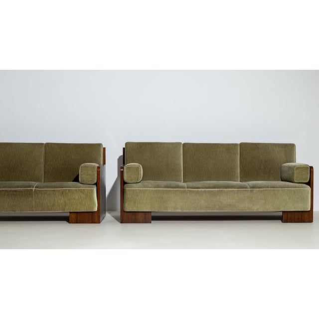 1930-1939 France Deep Olive Green Pair Of Upholstered Sofas For Sale - Image 9 of 10