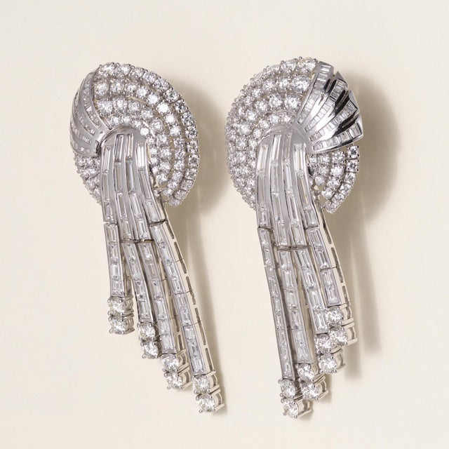 Vintage Art Deco–Inspired Diamond Chandelier Earrings 14K White Gold Circa 1960s A spectacular pair of cascading...