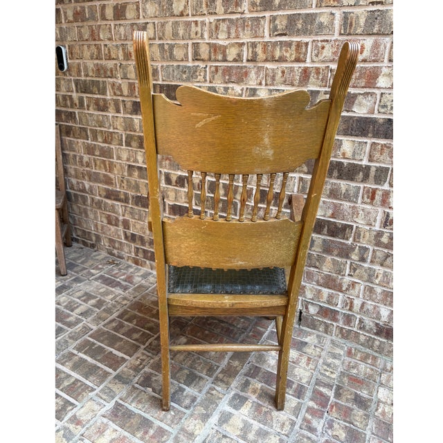 Antique American Oak Armchair With Embossed Leather Seat, Circa 1910s–1920s For Sale - Image 4 of 11