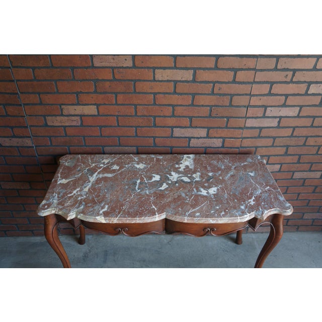 French Provincial French Marble Top Walnut Console Table For Sale - Image 3 of 7