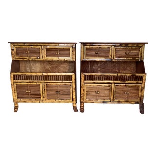 Vintage Pencil Reed, Bamboo & Wicker Tortoise British Colonial Nightstands - a Pair For Sale