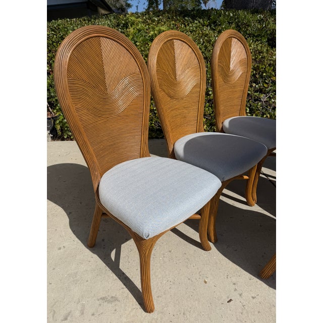 Wood Vintage Rattan Pencil Reed Dining Chairs, a Set of 6 With New Schumacher Upholstery For Sale - Image 7 of 12