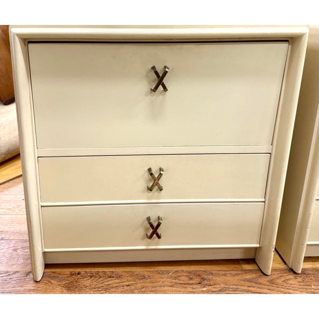 Ivory Paul Frankl for Johnson Furniture Pair of Matching Three Drawer Rare Flip Down Nightstands For Sale - Image 8 of 10