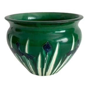 Large Awaji Japanese Pottery Incised Iris Jardinière Bowl Vase