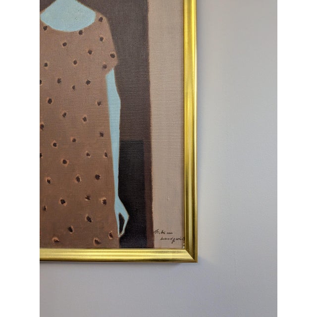 Orange Mid-Century Modern 'Woman With a Red Flower' Vintage Figurative Oil Painting by Swedish Artist Fabian Lundqvist (1913-1989), Framed For Sale - Image 8 of 10