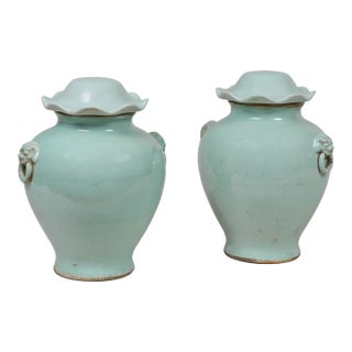 Late 19th Century Pair Chinese Celadon Vases With Lids For Sale