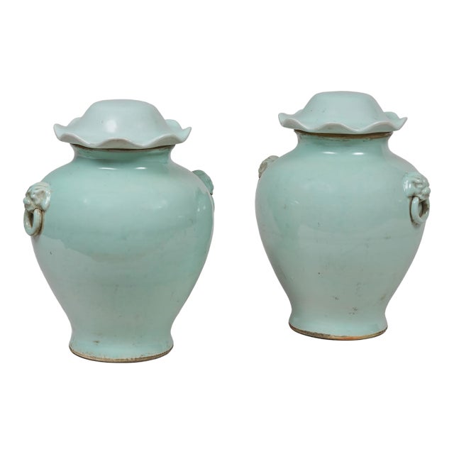 Late 19th Century Pair Chinese Celadon Vases With Lids For Sale