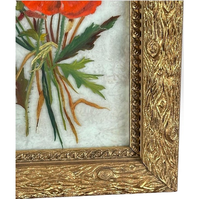 Red Antique 19th Century Floral Oil Painting on Glass Pane in Victorian Faux Bois Gilt Frame For Sale - Image 8 of 10