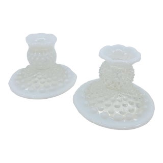 Vintage Fenton Moonstone Hobnail Crimped Edge Candle Stick Holders- a Pair For Sale