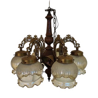Glass, Wood and Metal 6-Arm Chandelier For Sale