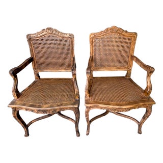 1960s Pair Carved French Dark Wood All Cane Chairs Clean Cushions For Sale