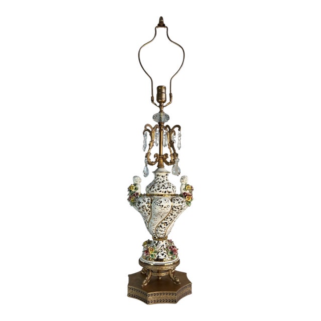 Capodimonte Porcelain Cherub Floral Lamp With Crystal Prisms For Sale