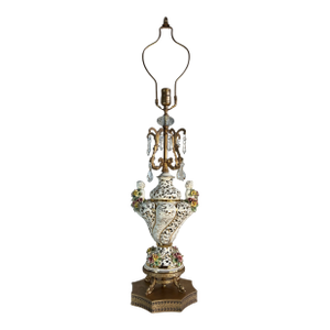 Capodimonte Porcelain Cherub Floral Lamp With Crystal Prisms