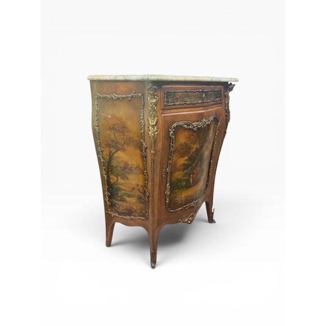 Early 20th Century French Louis XV Style Bombe Cabinet With Shaped Marble Top and Vernis Martin Style Painted Panels For Sale - Image 9 of 14