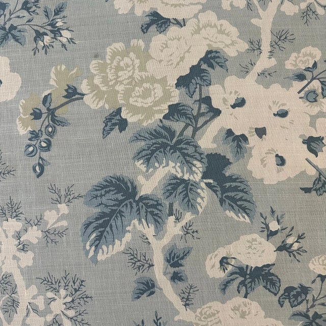 Scalamandre Ascot Linen Print Fabric 1 7/8 Yards. Blue For Sale