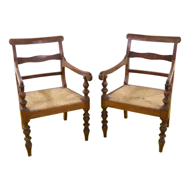 Vintage Wooden Armchairs with Woven Seats, Set of 2 For Sale