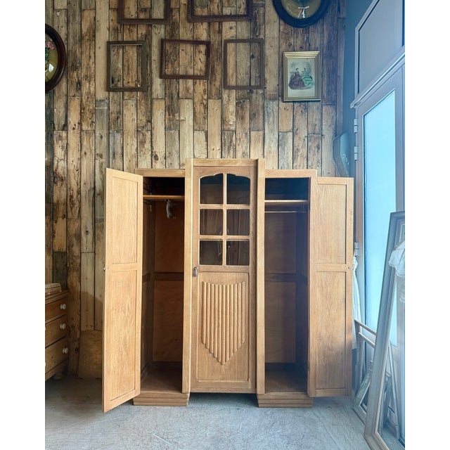 Light Yellow Large Art Deco Asymmetrical Oak Wardrobe, 1920s For Sale - Image 8 of 18