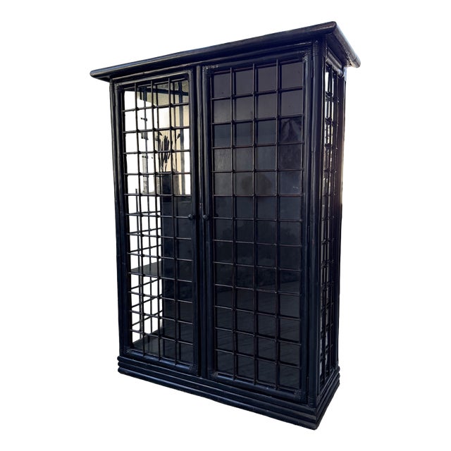 Antique Black Bamboo Glass-Fronted Bookcase, 1900s For Sale