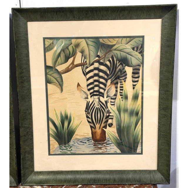 Green Pair of Art Deco Zebra Watercolor Gouaches by Shirrell Graves in Verde Frames For Sale - Image 8 of 16